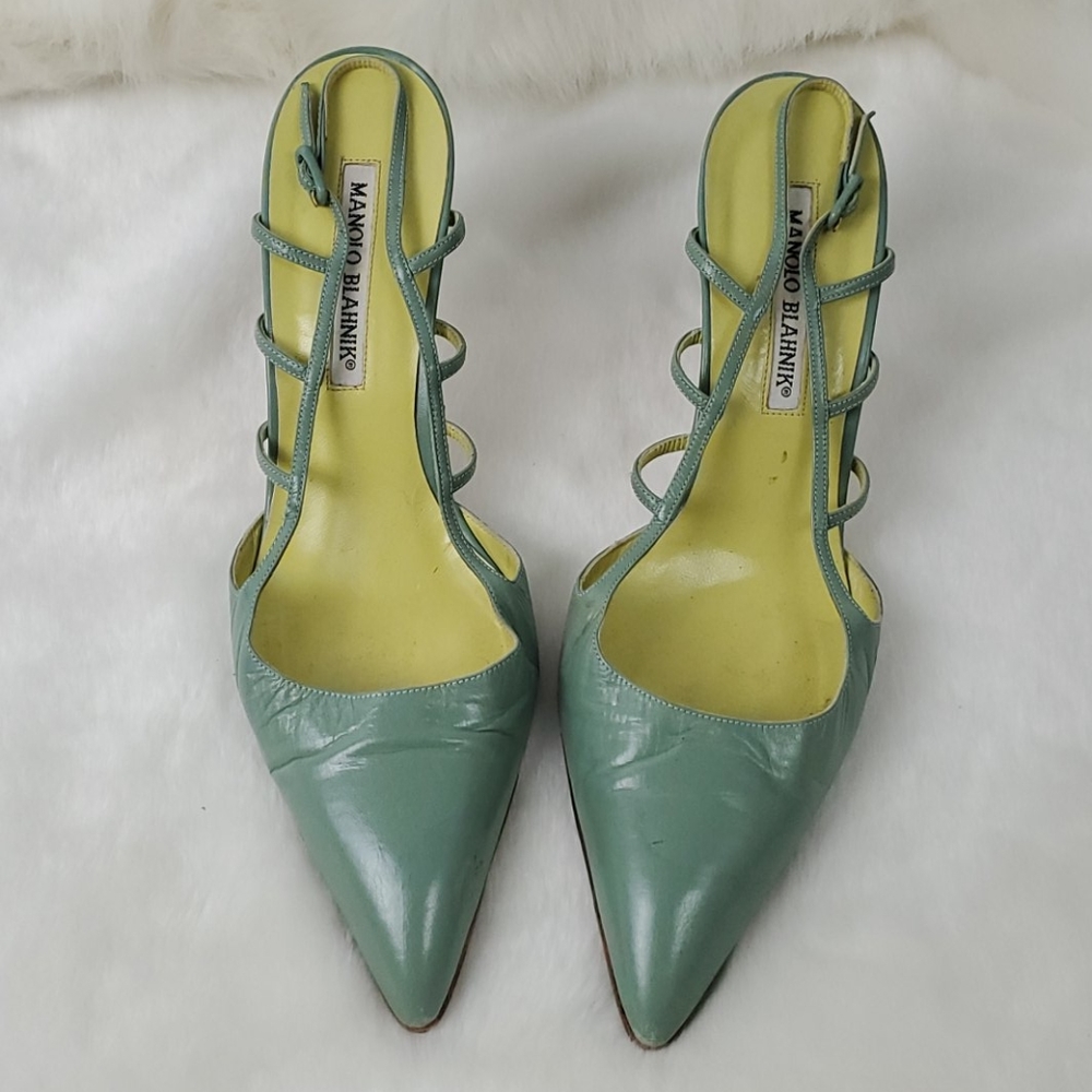 Manolo Blahnik green sling back shoes leather heel size 38 - Picture 2 of 14